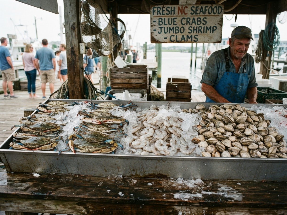 Fresh local blue crabs and shrimp on ice