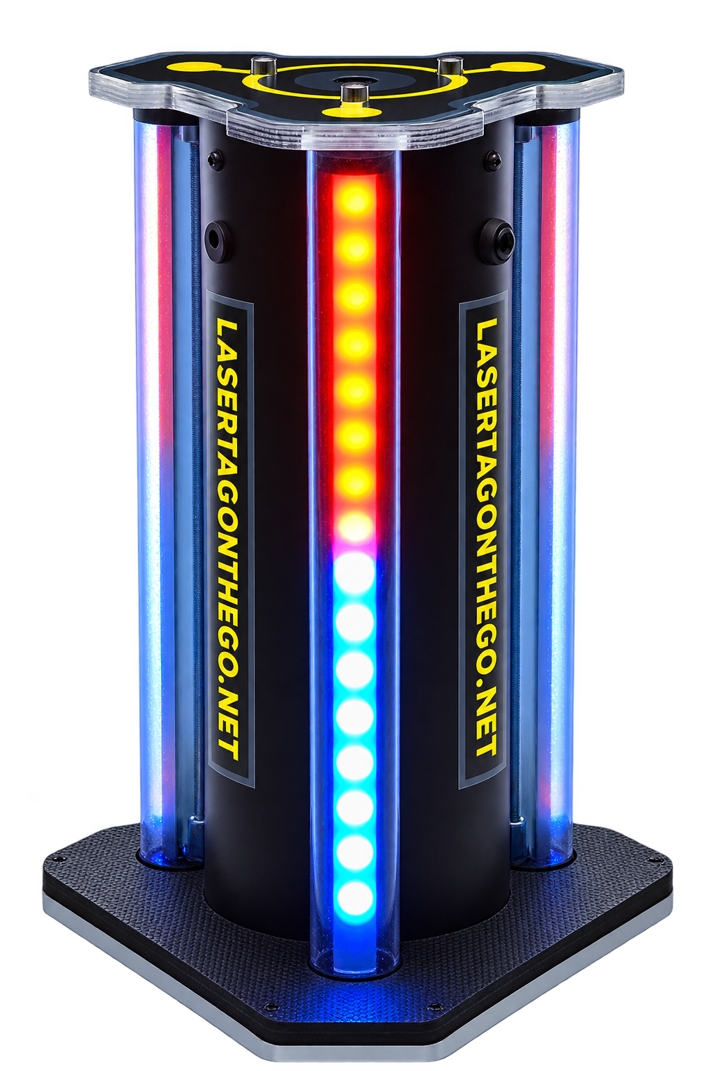 Laser Tag On The Go Sirius interactive Game Field Box with LASERTAGONTHEGO.NET branding and red and blue LED indicators