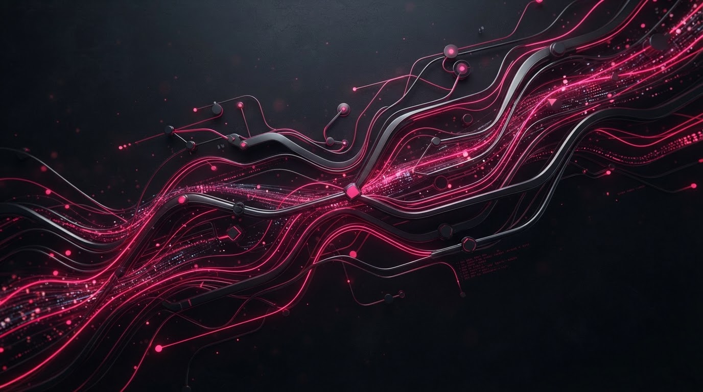 Abstract visualization of AI automation services with flowing automated workflow pipelines and connected nodes in magenta on a dark background.