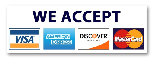 We Accept Visa, American Express, Discover, MasterCard