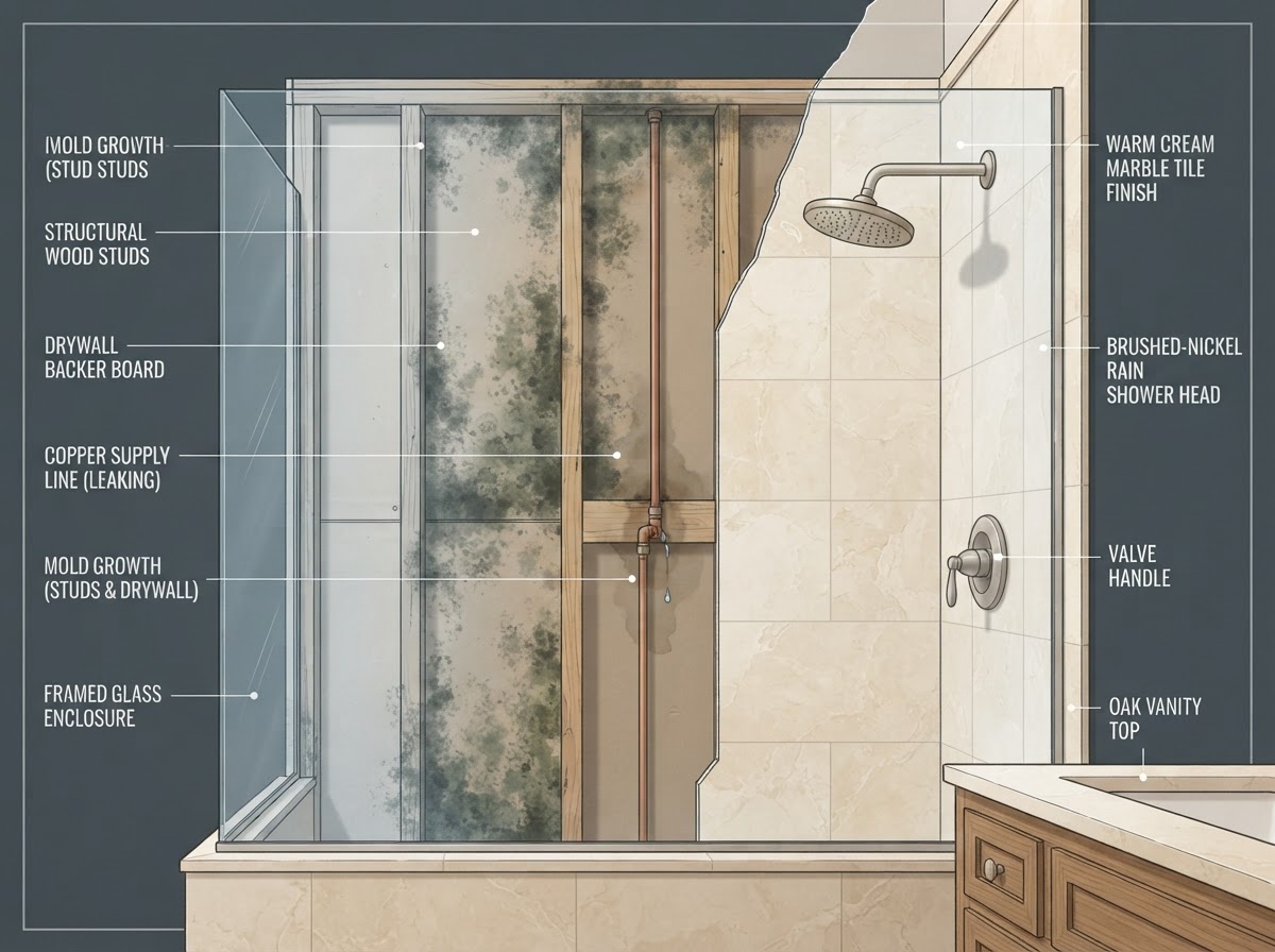 Illustrative cutaway reveal of the same bathroom, with the shower wall peeled back to show hidden mold on the studs and drywall and a slow leak at the supply line behind the valve
