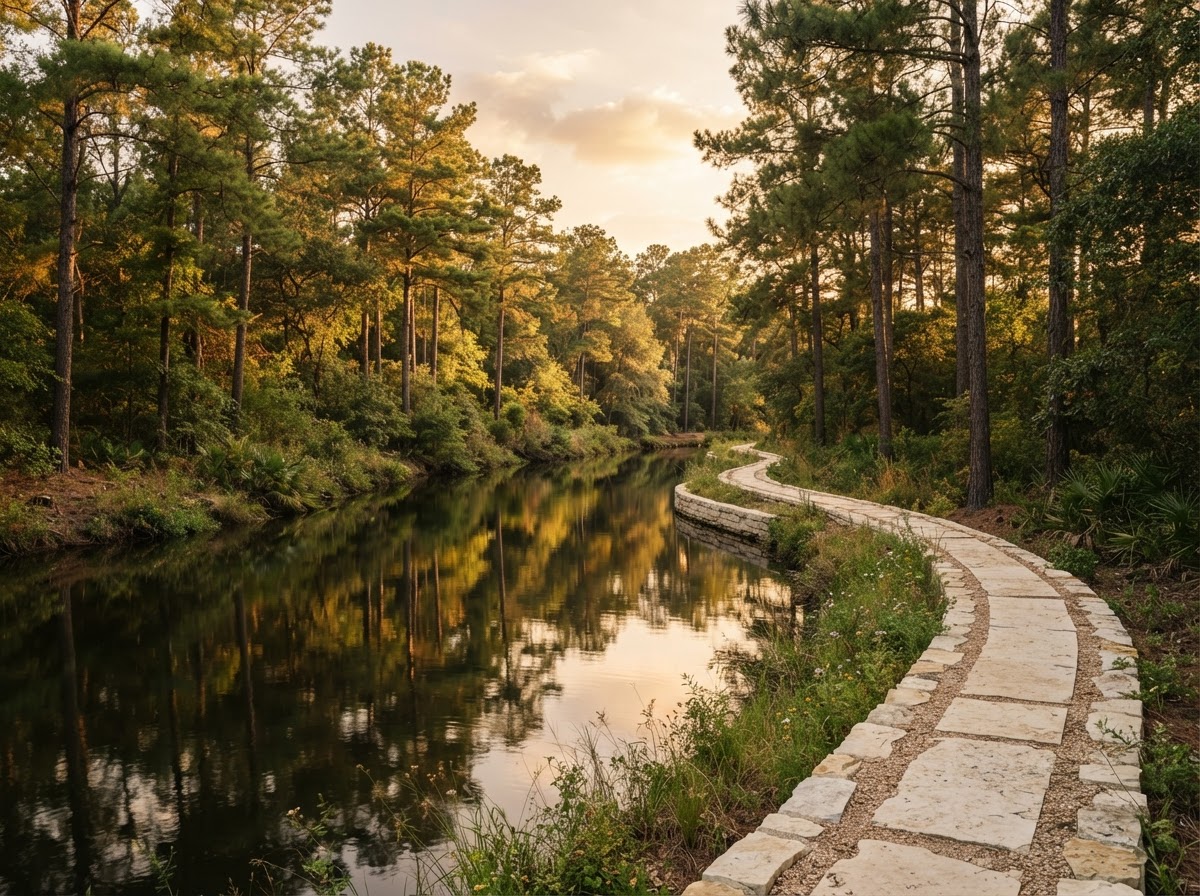 Atmospheric golden-hour view of a wooded waterway reflecting mature pines, inspired by The Woodlands, Texas