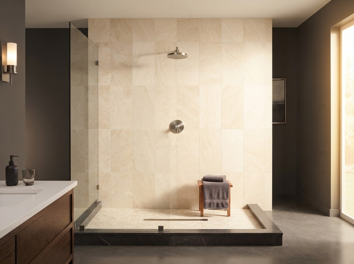 Illustrative finished upscale master bathroom with warm cream marble tile and a brushed nickel shower valve, shown straight on as it appears to the eye