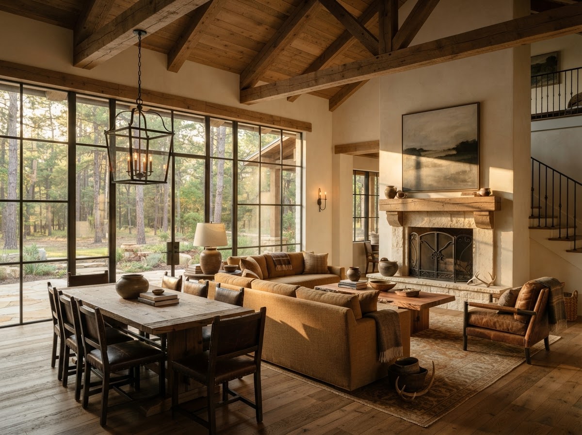 Warm modern home interior with oak beams, cream walls, and dark iron fixtures overlooking pine trees at golden hour