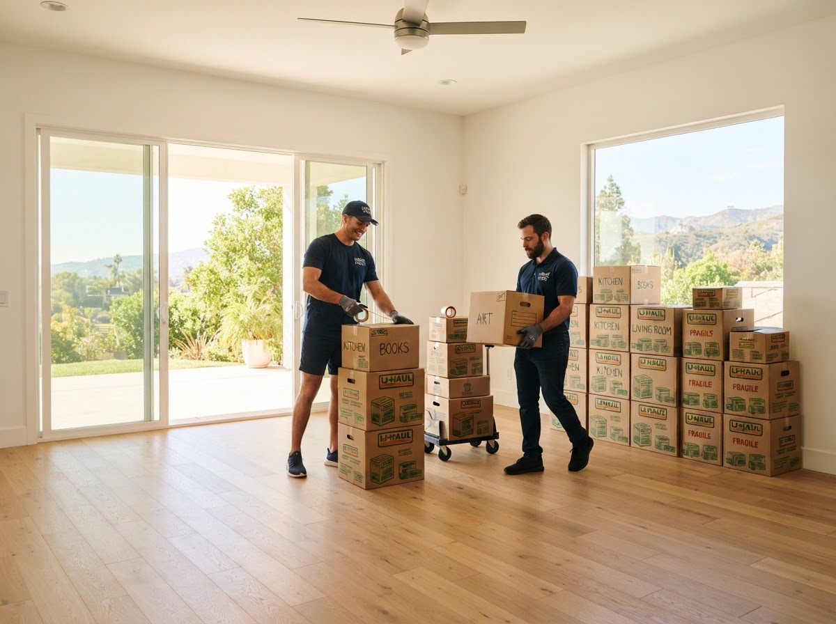 Movers organizing boxes in a California home