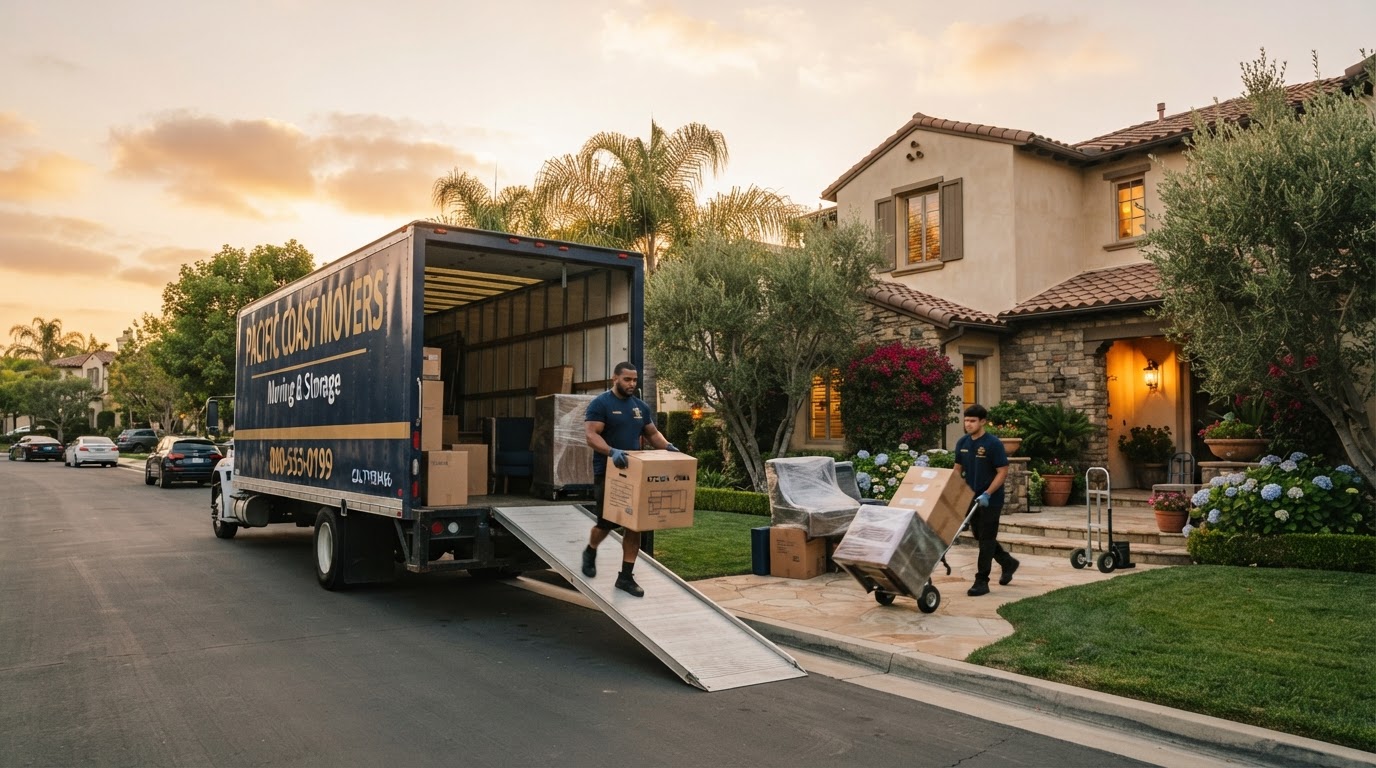 Lindeman's moving truck loading furniture at a California home