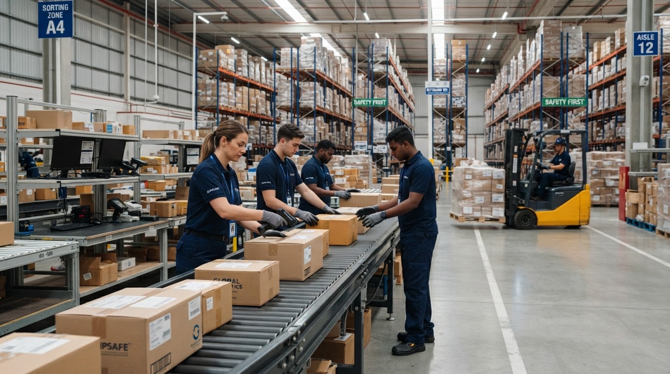 Meest warehouse team scanning parcels on a conveyor belt