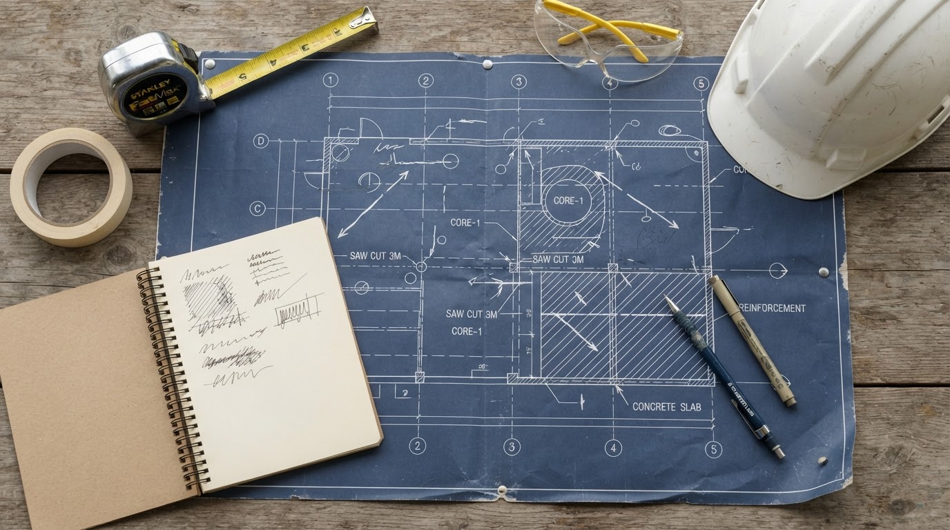 Concrete cutting plans, measurements and safety equipment