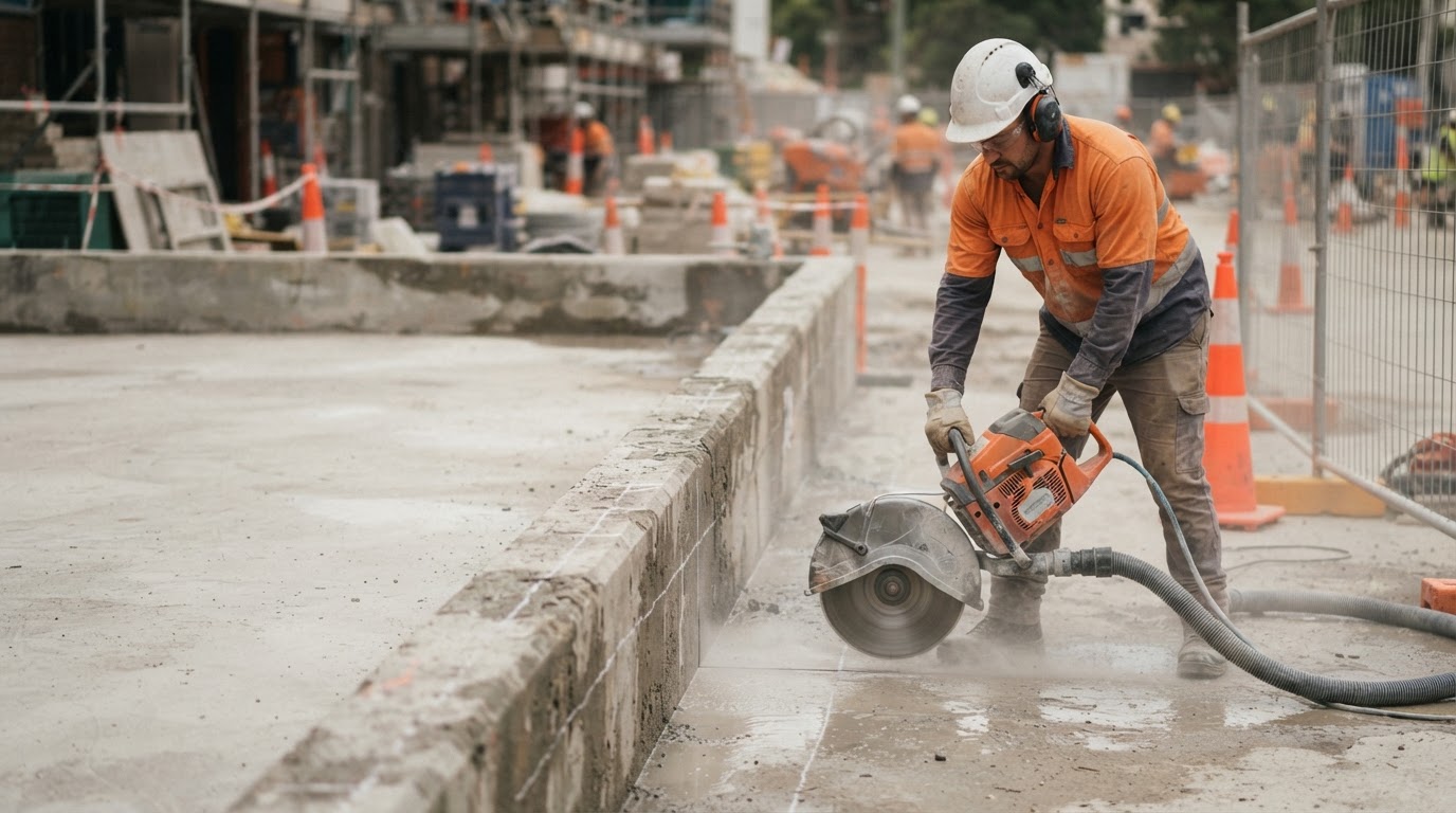 Hand Sawing equipment in a controlled concrete work area