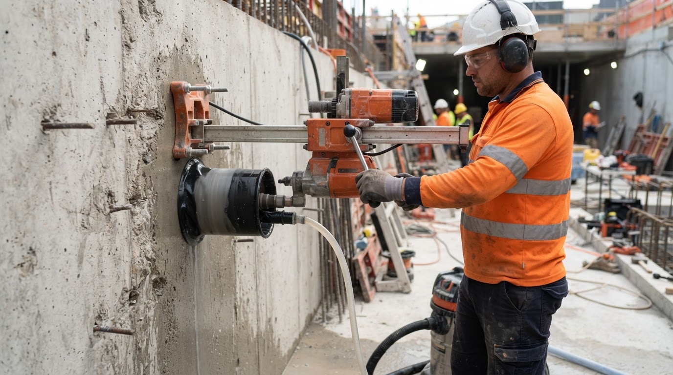 Core Drilling equipment in a controlled concrete work area