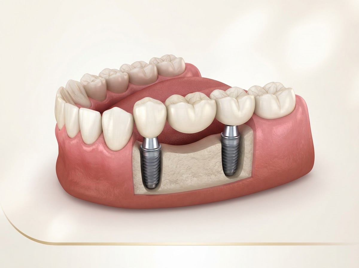 Illustration of several adjacent missing teeth replaced with an implant-supported bridge