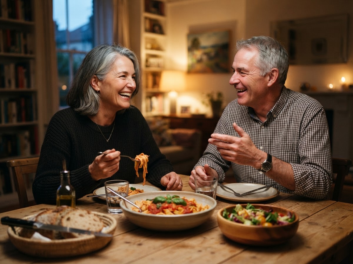A mature couple sharing a relaxed meal together
