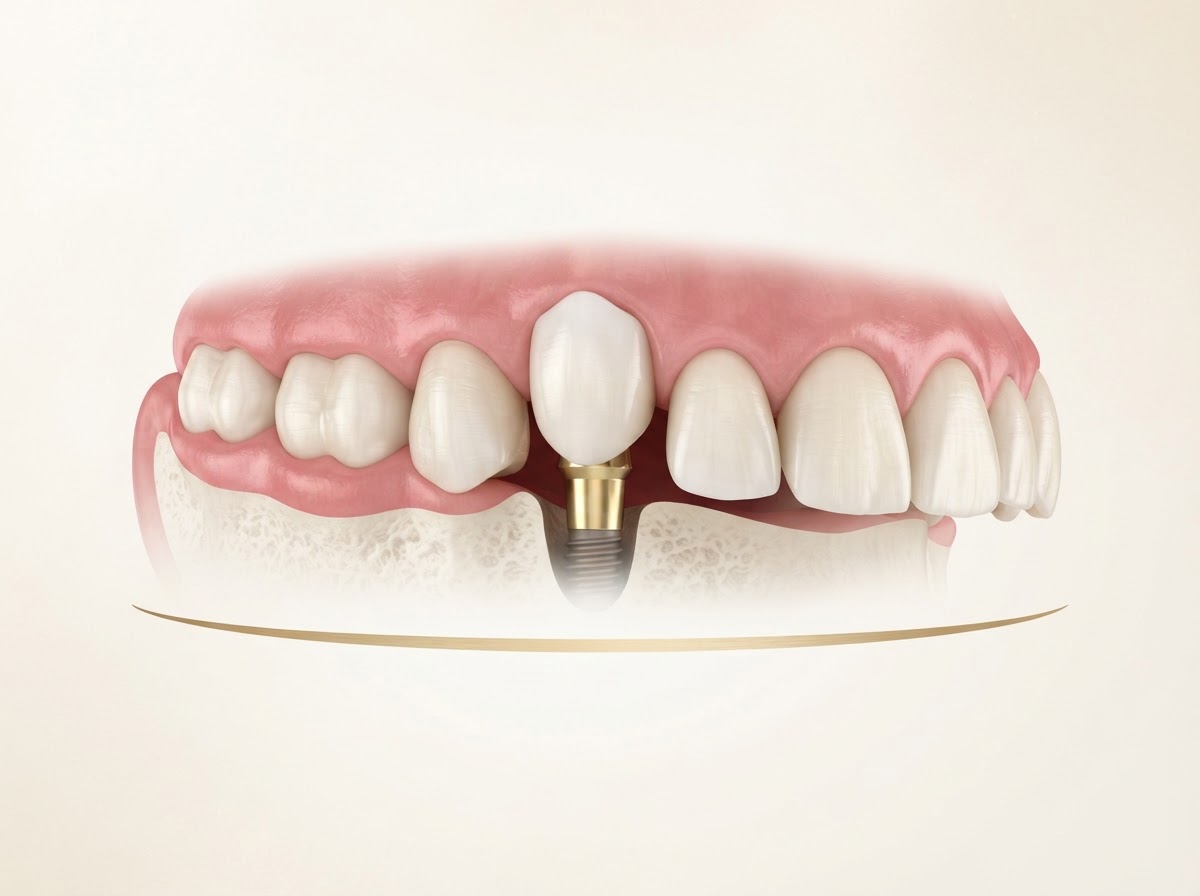Illustration of a single missing tooth replaced by one dental implant and crown