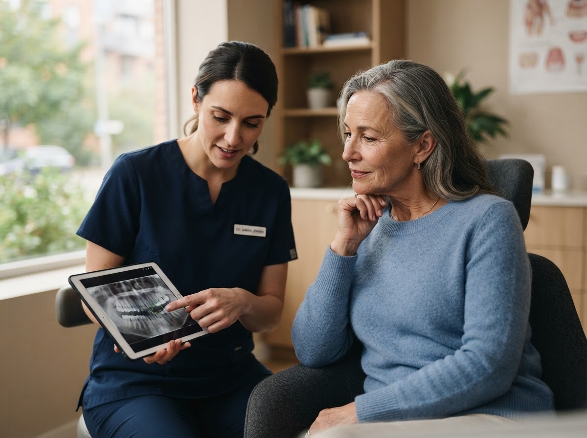 A mature patient discussing their dental situation with a clinician during a consultation