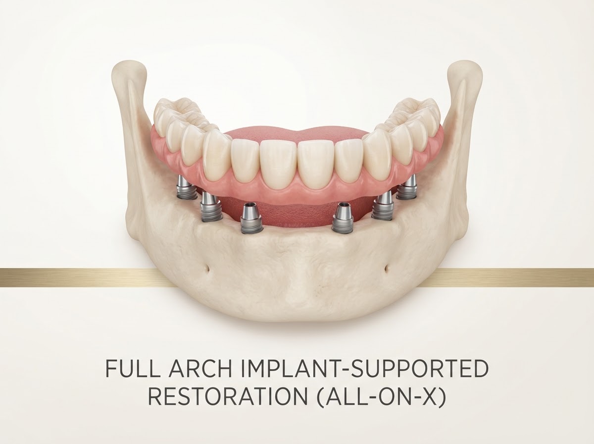 Illustration of a full arch restoration supported by multiple dental implants