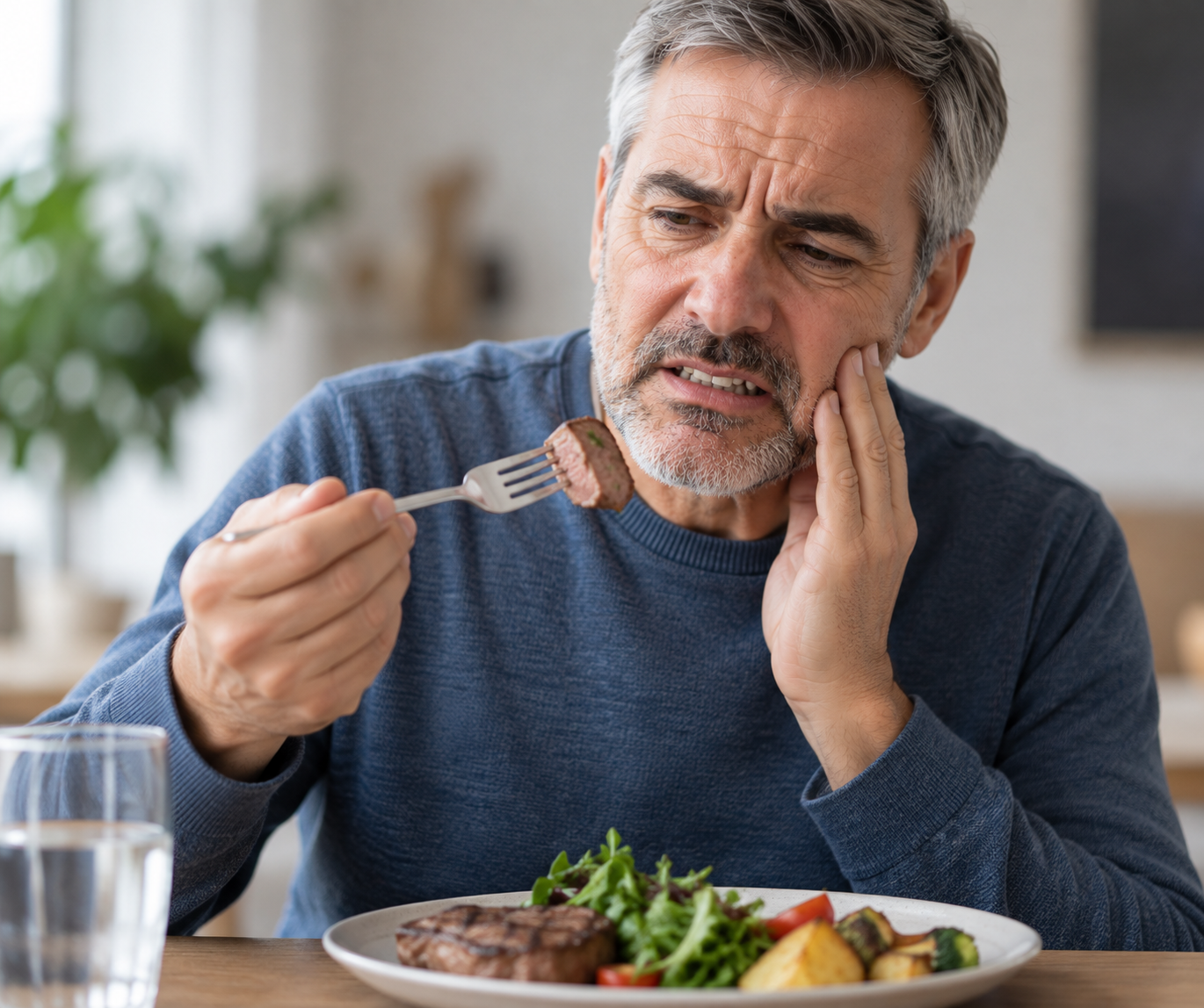 Man at a dining table experiencing discomfort while trying to eat