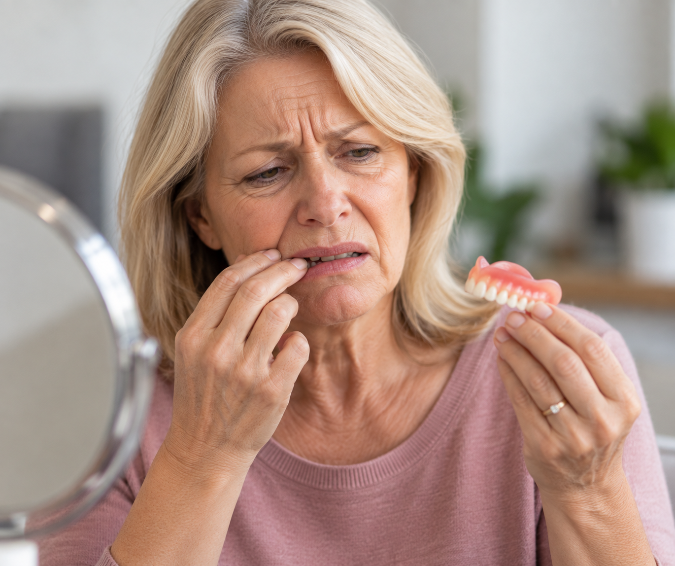 Person frustrated by uncomfortable or unstable dentures