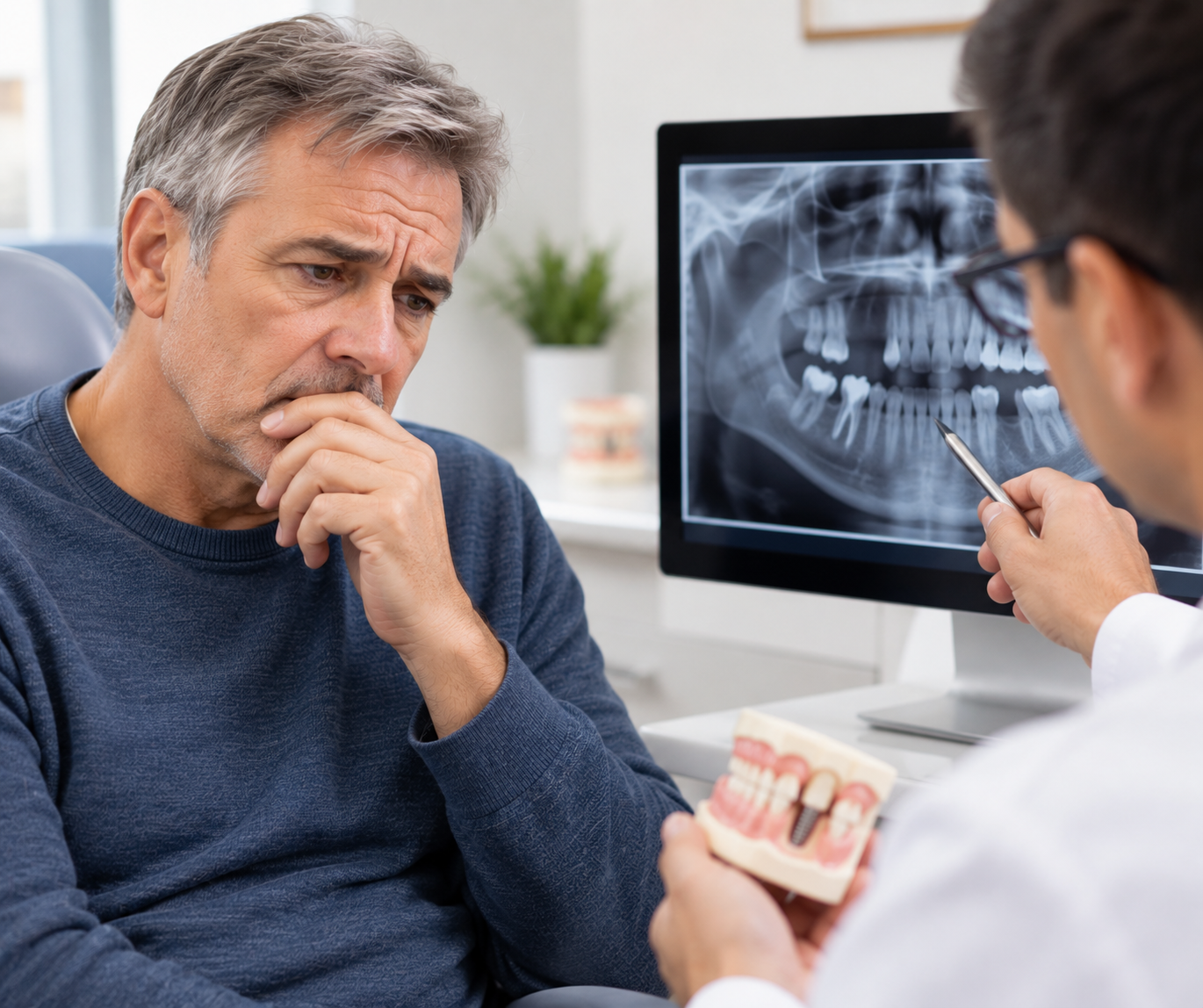 Patient in a dental consultation discussing loose, broken or failing teeth