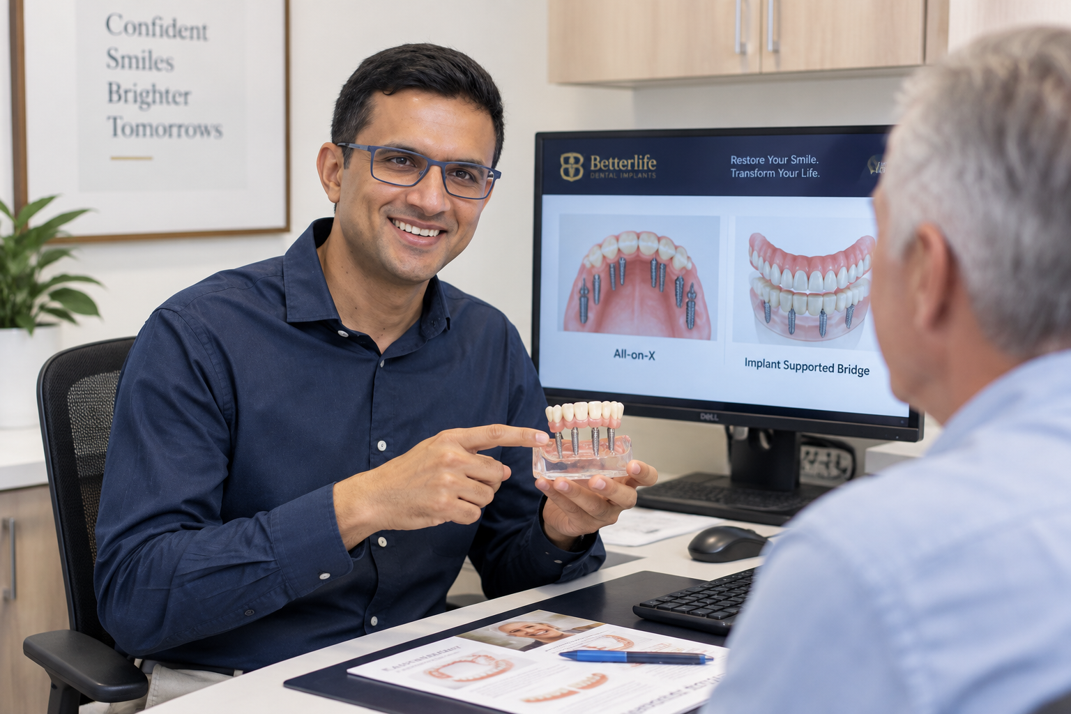 Dr Tejas Patel consulting with a patient about dental implant and full-arch options at Betterlife Dental Implants Perth