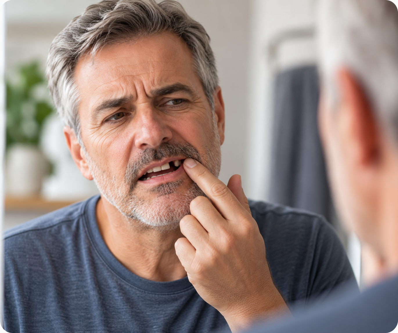 Man with a visible missing tooth or tooth gap