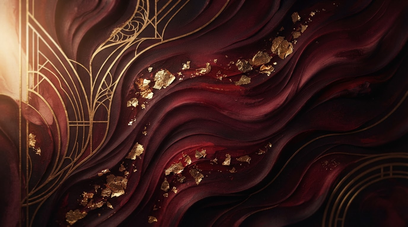 Abstract burgundy forms with antique gold details