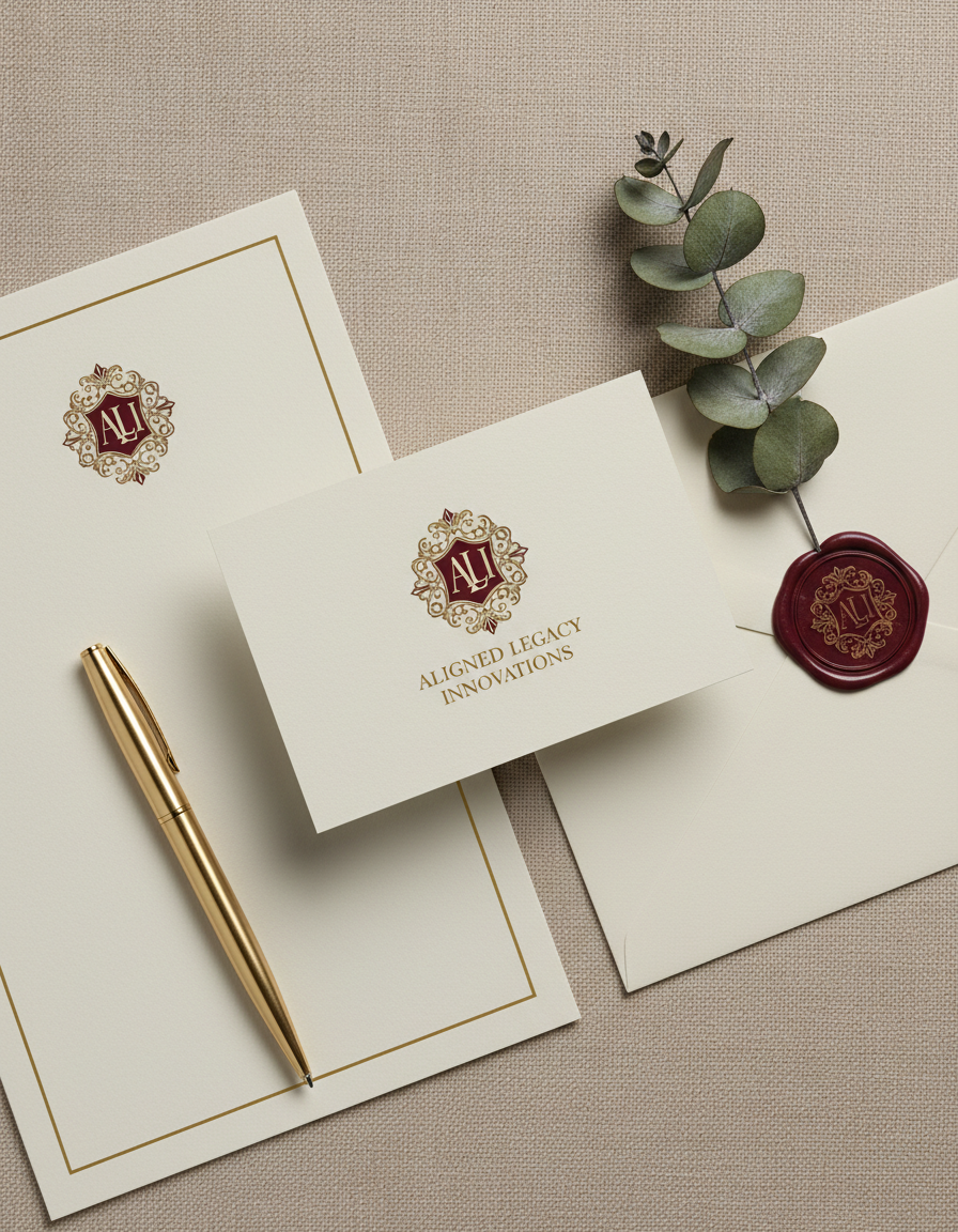 Aligned Legacy Innovations stationery, wax seal, and gold pen
