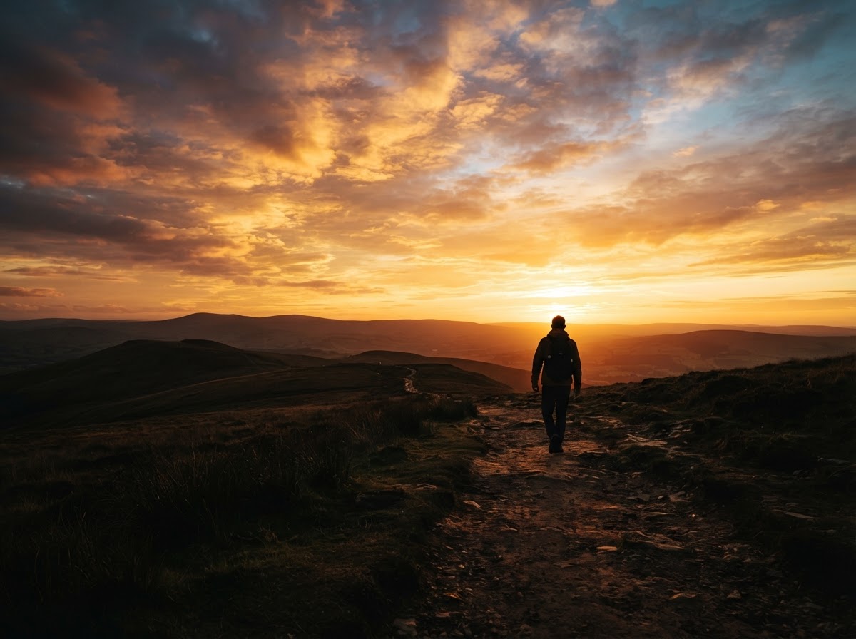 Silhouette walking toward warm golden light at dawn