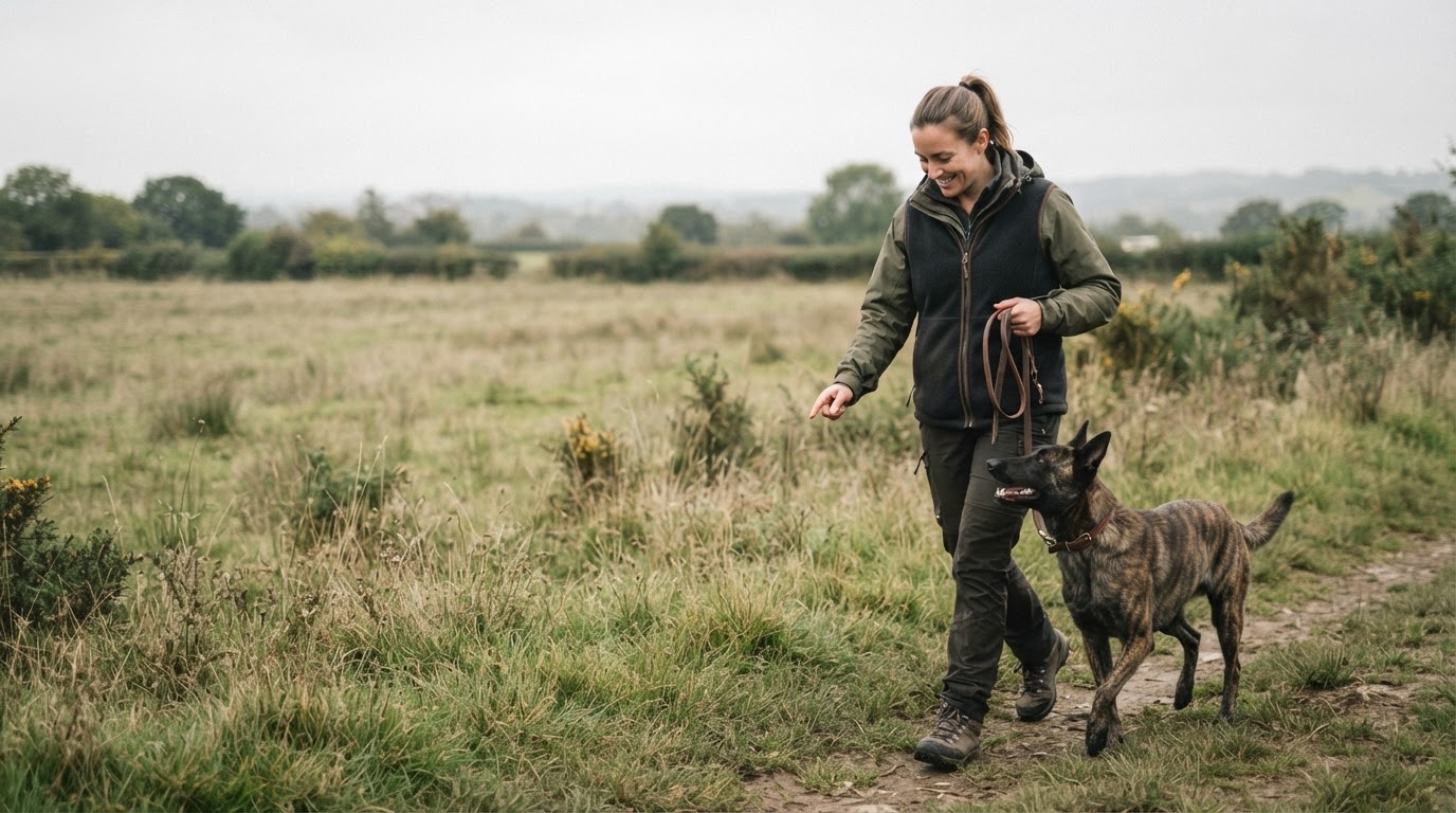 A professional dog trainer working with a Dutch Shepherd outdoors in a natural everyday environment