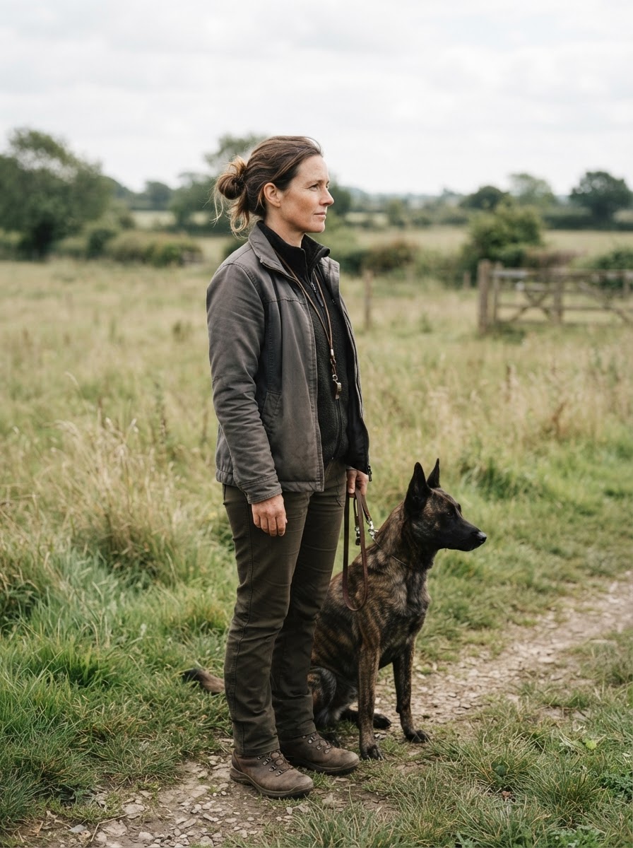 A professional female dog trainer standing naturally outdoors near an open training field, seen in a candid side-profile moment