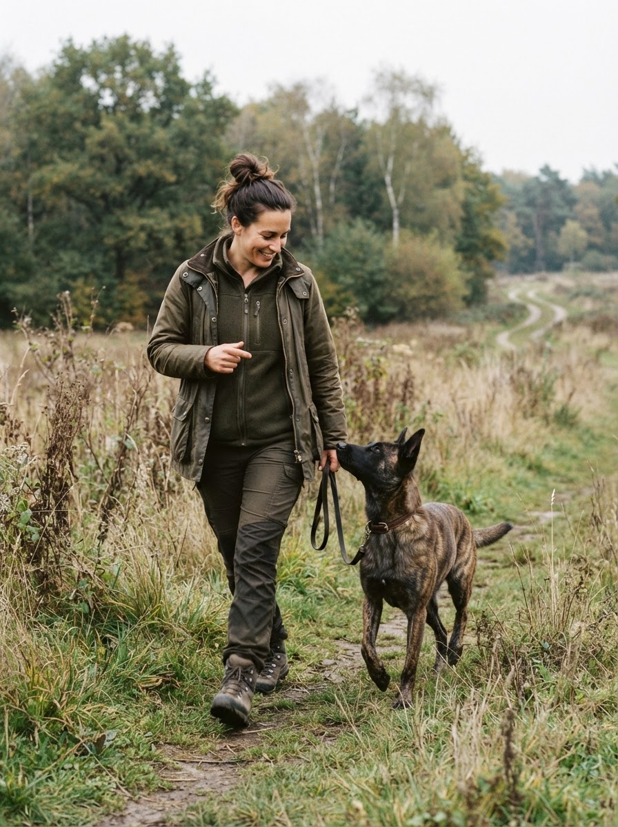 A professional dog trainer training a Dutch Shepherd outdoors in an everyday natural environment