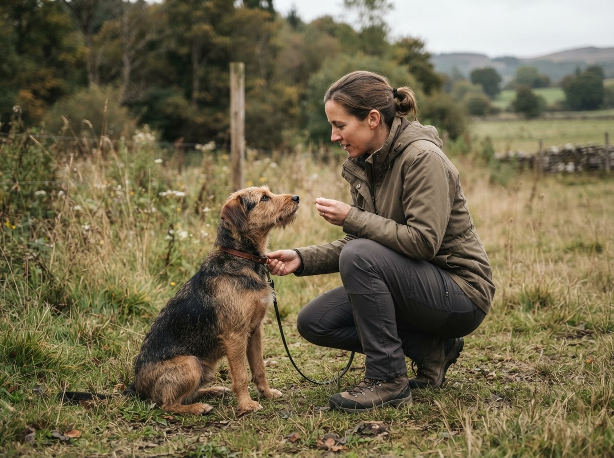 A professional trainer working naturally with a dog outdoors
