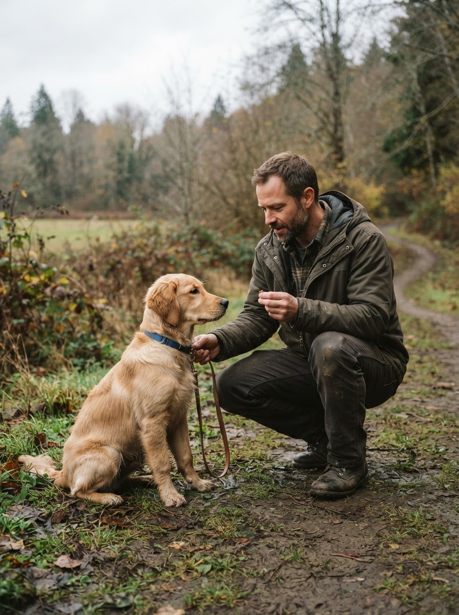 Mabel, a young Golden Retriever, with her owner during a normal everyday training moment