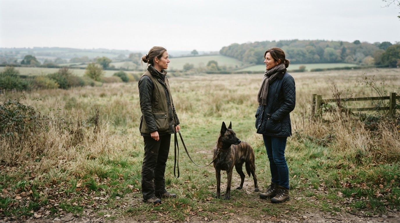 A trainer and owner talking at the edge of a quiet open field while a dog rests calmly nearby