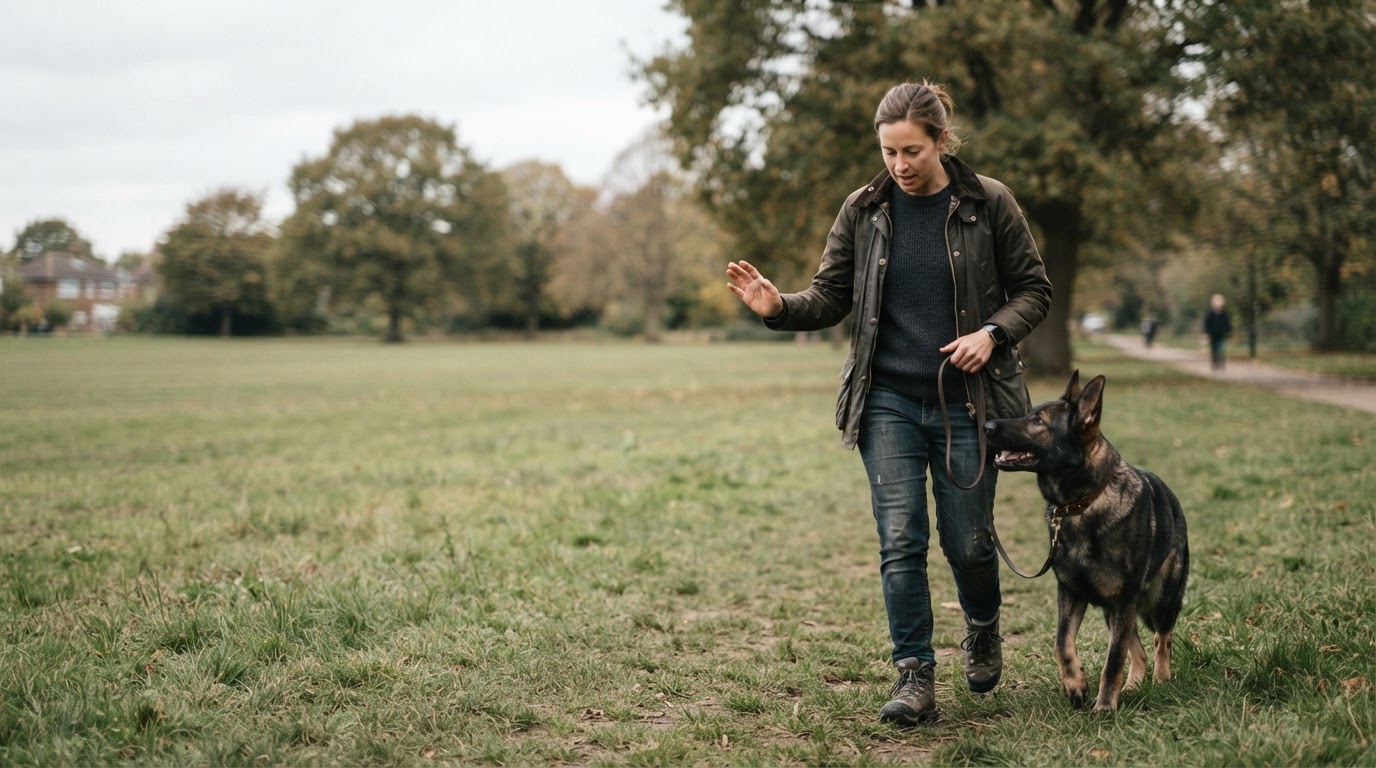 A dog owner actively working with their German Shepherd during a private training session outdoors