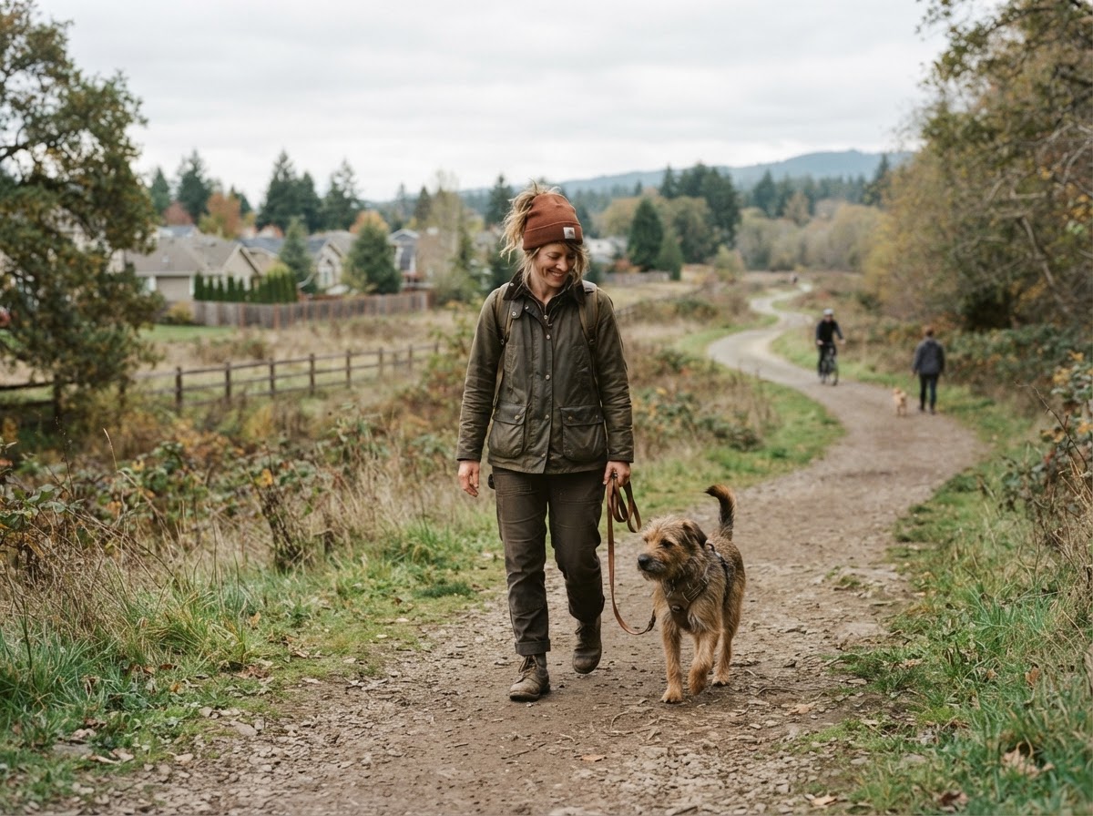 A dog and owner walking together through a realistic everyday outdoor trail, with environmental distractions visible in the distance