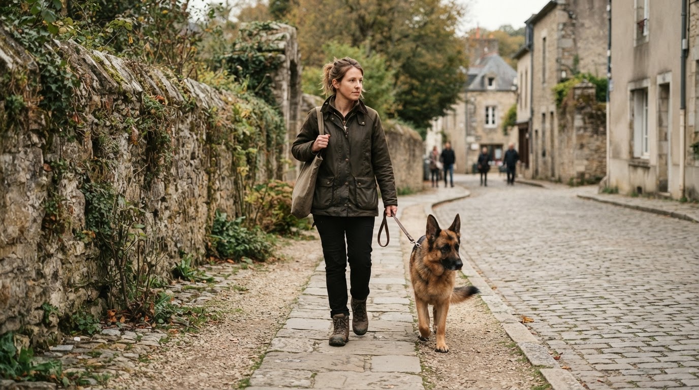 A handler and dog walking calmly through a real public environment together