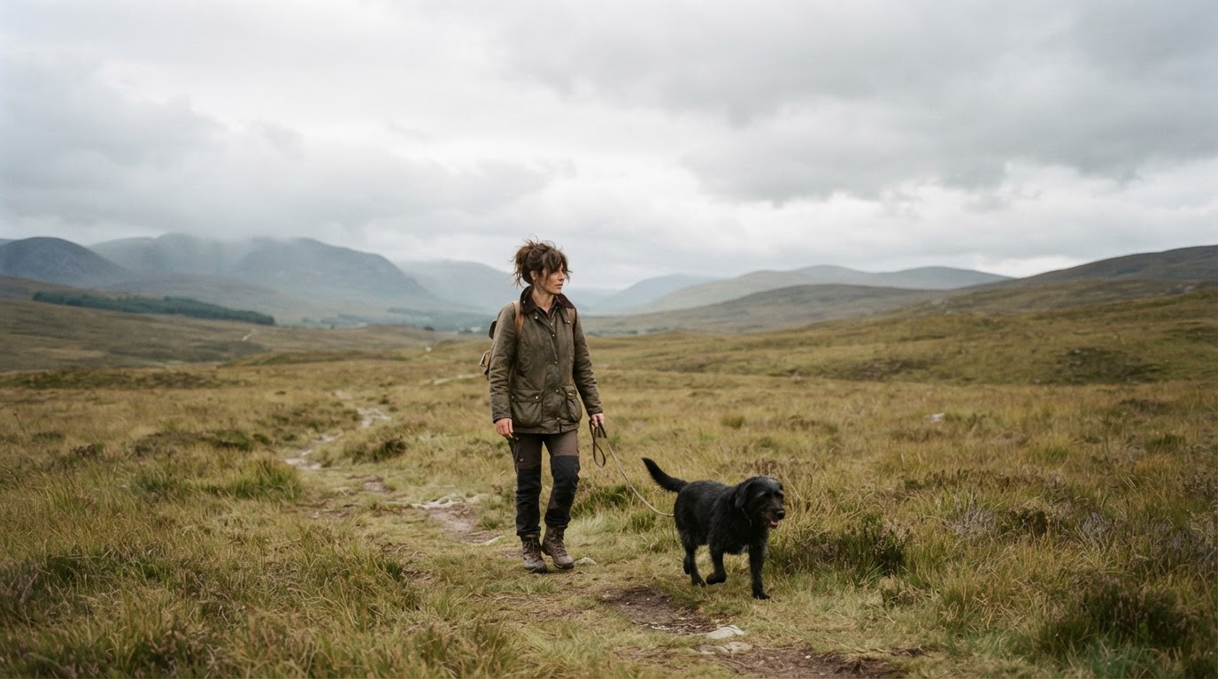 A woman and her dog moving naturally together across a wide open outdoor landscape