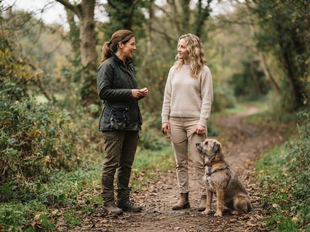 A professional dog trainer speaking naturally with a dog owner while the dog sits calmly beside them
