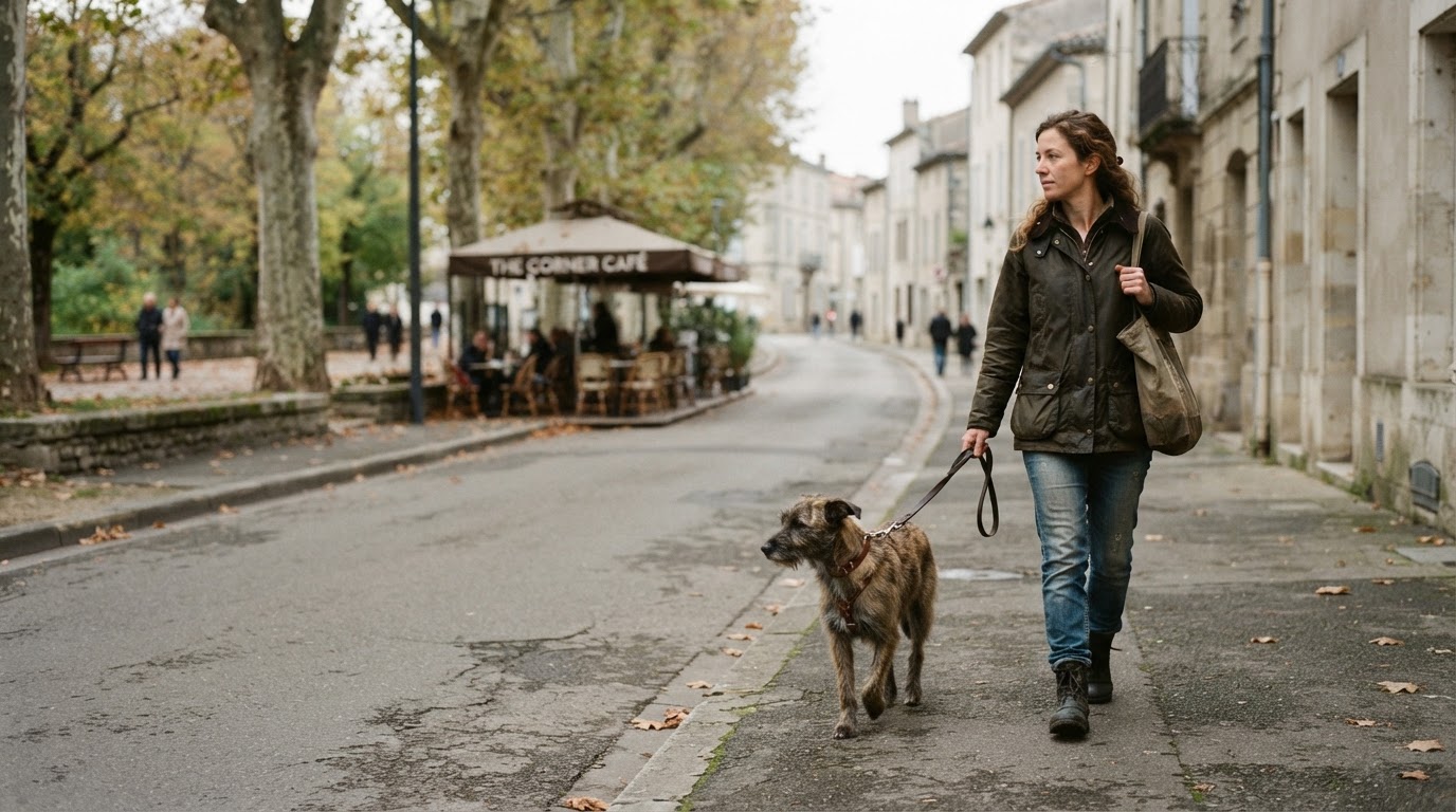 A dog owner and their dog moving calmly together through a quiet everyday public environment