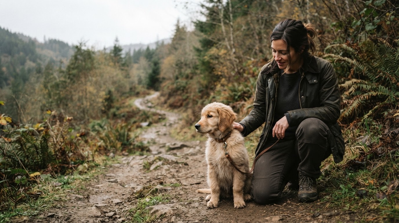A young dog with its owner on a trail edge, early training focused on communication and confidence
