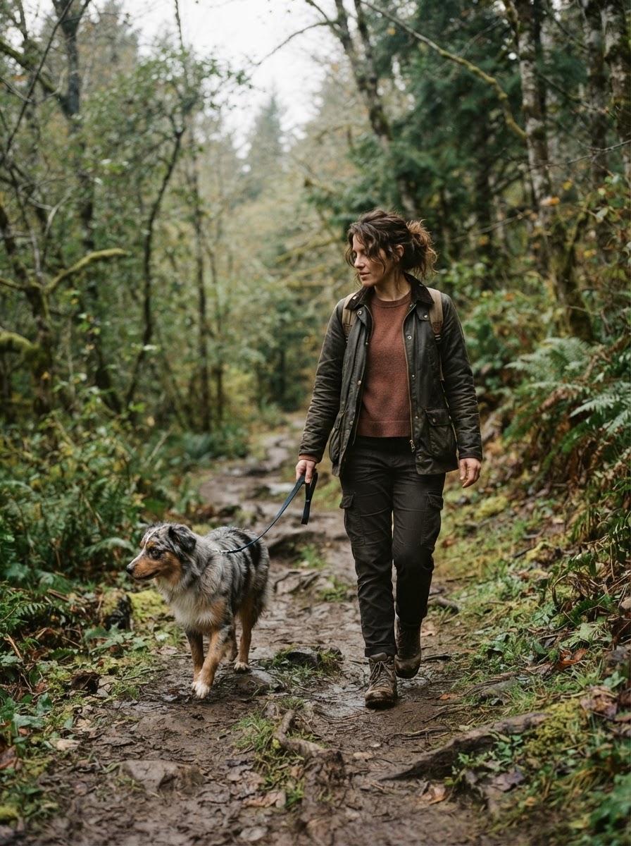 A woman and her dog walking together at ease through a natural outdoor trail