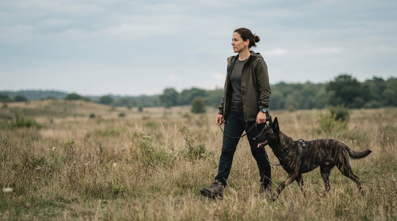 A handler and Dutch Shepherd walking together attentively through an open natural field