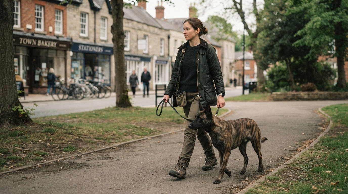 A female dog trainer and Dutch Shepherd walking calmly together through a quiet everyday public environment