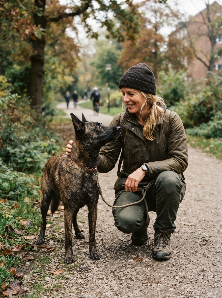 River, a Dutch Shepherd, with an owner at a quiet urban park edge