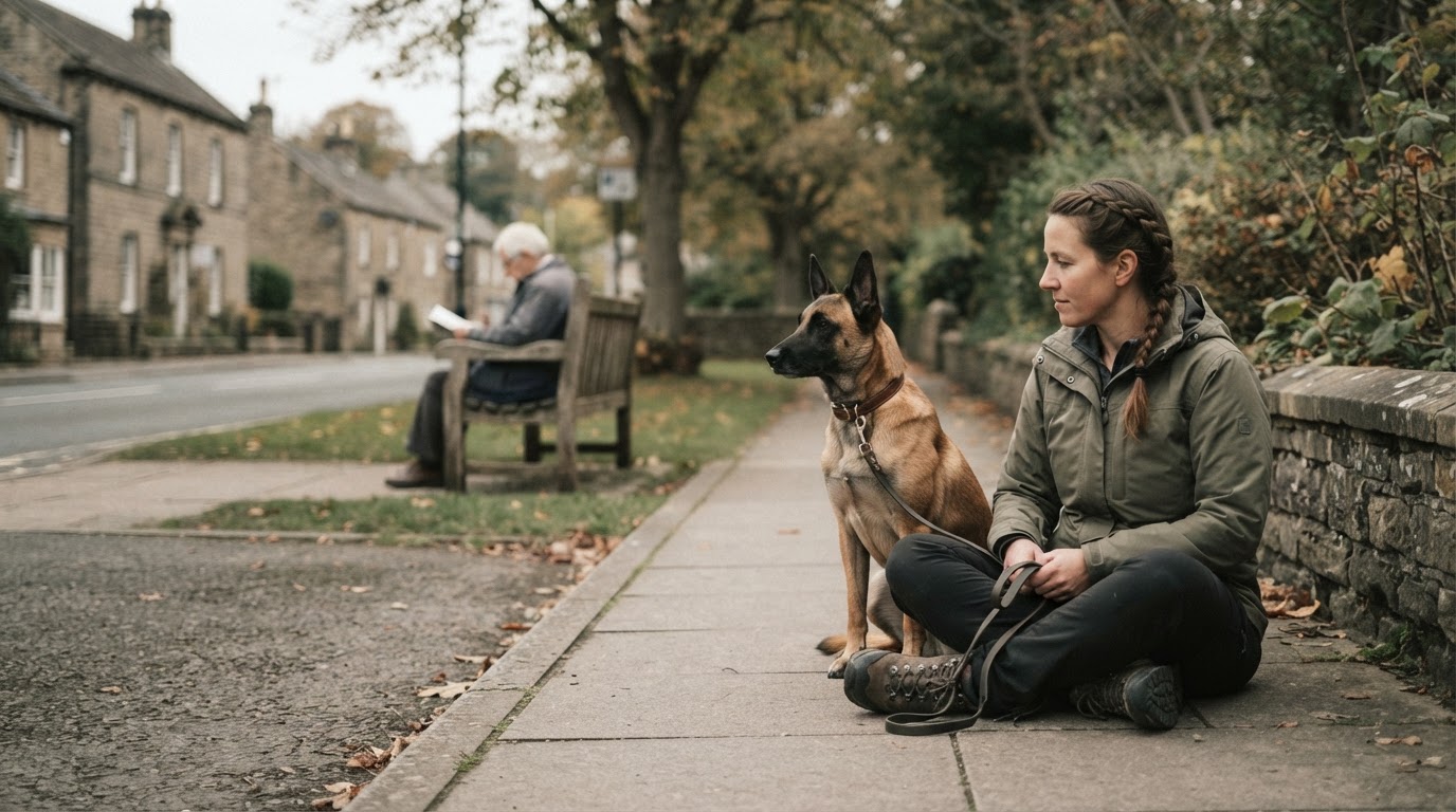 A dog trainer and dog working calmly at a comfortable distance from an everyday distraction in a quiet town setting