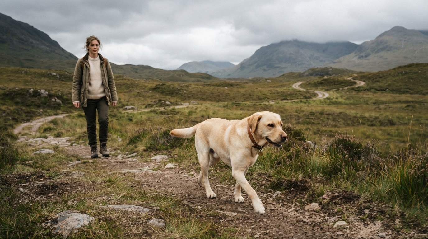 A dog moving freely through a wide open natural landscape with a handler nearby