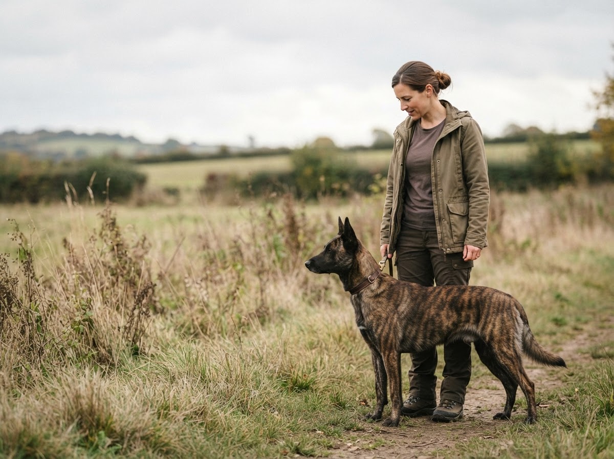 A female dog trainer interacting naturally with a Dutch Shepherd outdoors in an open natural landscape