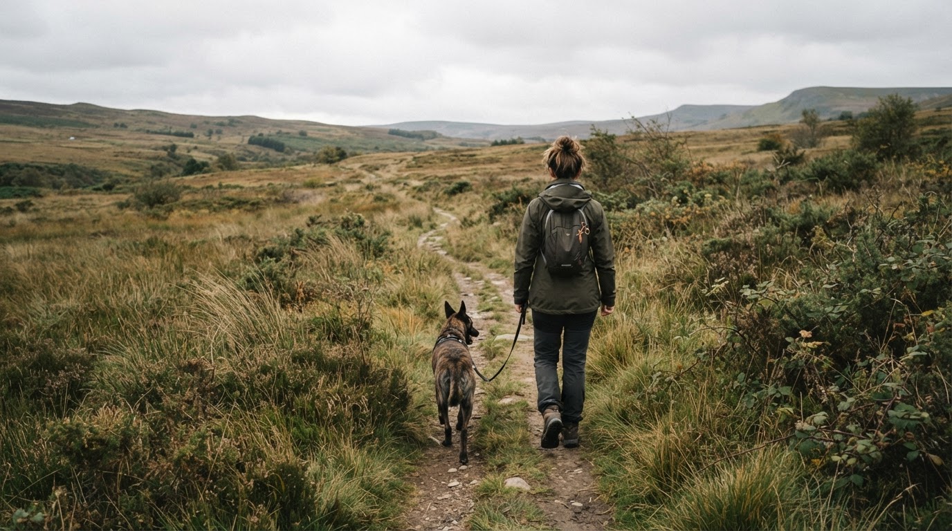 River and owner walking away from camera through a natural outdoor environment