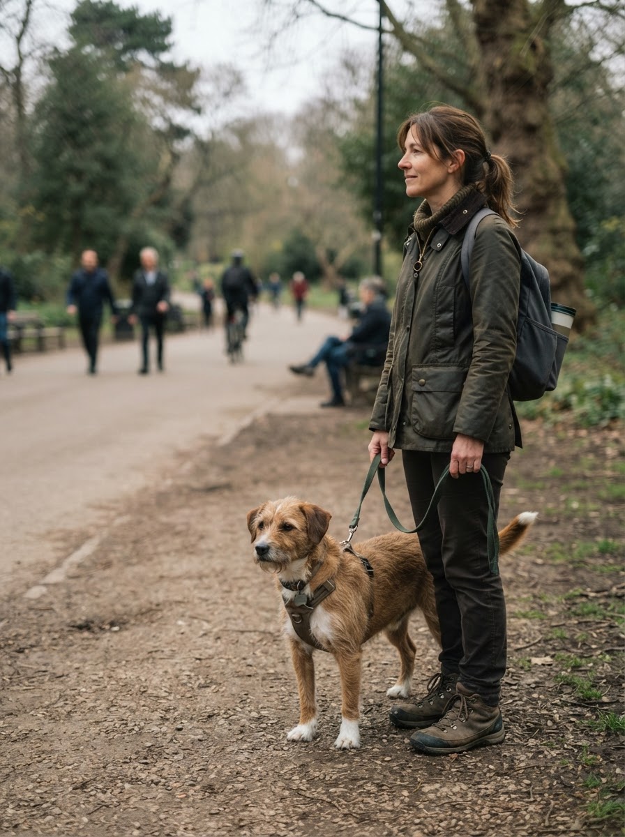 Otis, a mixed-breed companion dog, with his owner at a comfortable distance from everyday activity