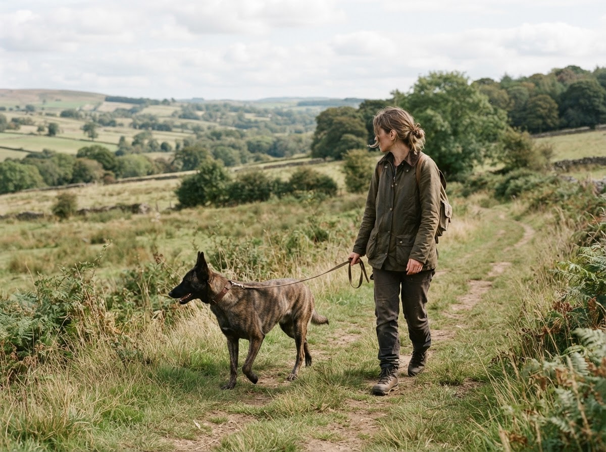 A dog owner walking naturally with a Dutch Shepherd along a quiet countryside trail edge in everyday life